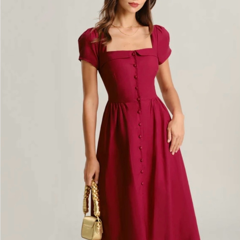 RIHOAS Burgundy Midi Dress with Button Detail